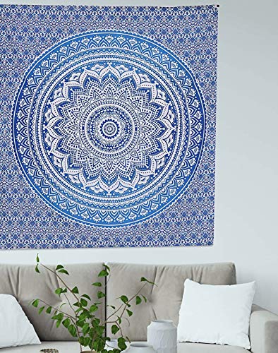 Popular Handicrafts Tapisserie Wandbehang Hippie Ombre Mandala Bohemian Hippie Psychedelic Design Indische Tapisserien Tagesdecke 76 x 101 cm Blau von Popular Handicrafts