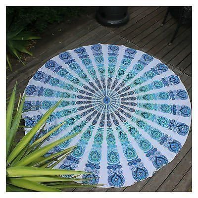 Popular Handicrafts Wandbehang Mandala-Wandbehang Queen Hippie psychedelischer indischer Stil Magisches Stiefmütterchen Baumwolle Teal and Blue on White 70 Zoll Roundie von Popular Handicrafts