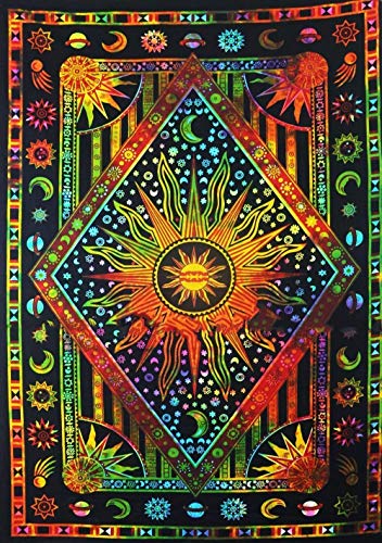 Popular Handicrafts Wandteppich, Hippie, brennende Sonne und Mond, Meditation, böhmisches Hippie, psychedelisches Design, indische Wandteppiche, Tagesdecke, 76 x 101 cm, Blau von Popular Handicrafts