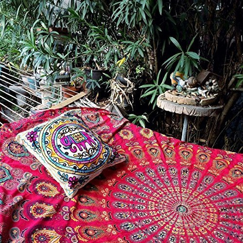 Popular Handicrafts Wandteppich, Hippie-Mandala, Bohemian, Hippie, psychedelisches Design, indischer Pfau, Meditation, , Wandteppich, Tagesdecke, 140 x 150 cm, Rot / Gelb von Popular Handicrafts