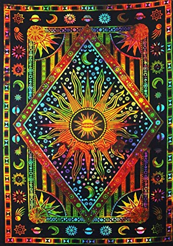 Popular Handicrafts Wandteppich, Wandbehang, Hippie, brennende Sonne und Mond, Meditation, Bohemian, psychedelisches Design, indische Wandteppiche, Tagesdecke, 140x150 cm, mehrfarbig, Batikfärbung von Popular Handicrafts