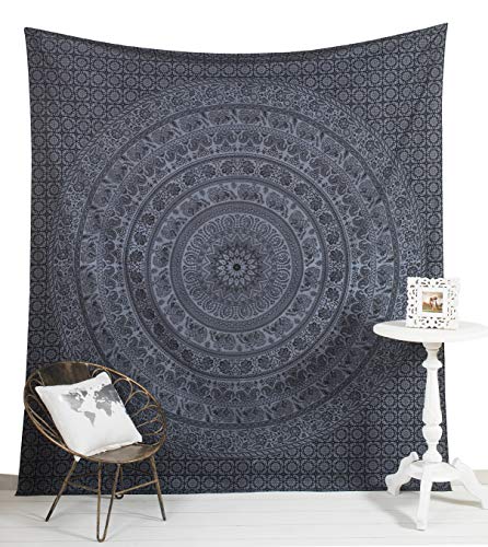 Popular Handicrafts Wandteppich Hippie Elefant Mandala Bohemian Hippie Medaillon Psychedelic Ombre Design Indische Wandteppiche Tagesdecke 215 cm x 230 cm, Grau von Popular Handicrafts