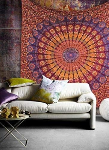 Popular Handicrafts Wandteppich Hippie Mandala Bohemian Hippie Psychedelic Design Indischer Pfau Meditation Tapisserie Tagesdecke 76 x 101 cm Blau von Popular Handicrafts