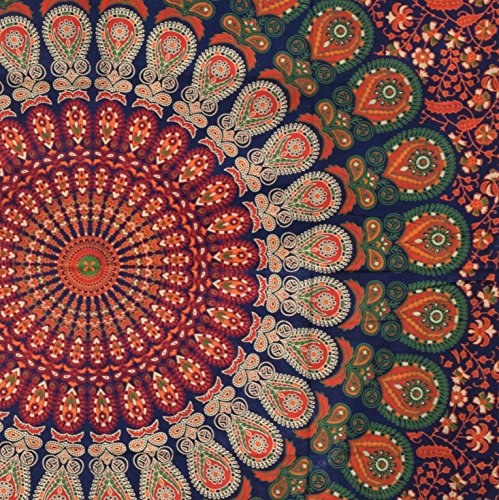 Popular Handicrafts Wandteppich Hippie Mandala Bohemian Hippie Psychedelic Intricate Floral Design Indian Tapestry 54 x 82 Inches (140cm x 210cm) Blue Orange von Popular Handicrafts