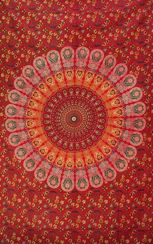 Popular Handicrafts Wandteppich Hippie Mandala Bohemian Hippie Psychedelic Intricate Floral Design Indian Tapestry 54 x 82 Inches (140cm x 210cm) Red Yellow von Popular Handicrafts