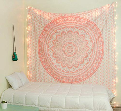 Popular Handicrafts Wandteppich Hippie Ombre Mandala Bohemian Hippie Metallic Shine Indianer Tapisserie Tagesdecke 230 cm x 270 cm Rot Gelb von Popular Handicrafts