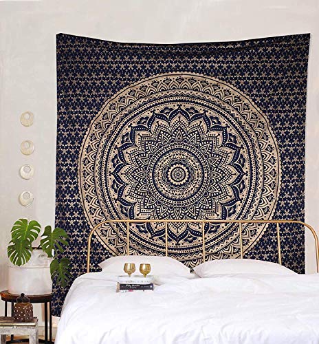 Popular Handicrafts Wandteppiche Hippie Mandala Tapisserie Wandbehang Wandteppich Boho Blau und Gold von Popular Handicrafts