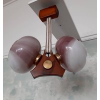 70S Holz Pendelleuchte/Mid Century Modern Buchenholz Messing Opalglas Lampenschirm 2/ Deckenlampe Vintage von PopzVintage