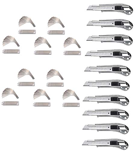 Alu- Cuttermesser inkl. 100 Ersatzklingen, 18 mm Abbrechklingen, automatische Klingenarretierung, Inhalt: 10 Stück von Pora