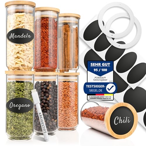 Porada 6 stapelbare Gewürzgläser Set 250ml Glasbehälter mit Deckel aus Bambus Gewürzglas Aufbewahrung Küche Gewürzdosen Set Vorratsdosen Glas mit Deckel Gewürzaufbewahrung spice jars von Porada