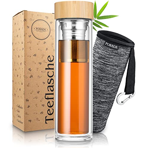 Porada Teeflasche Glas 500ml mit Sieb to go Glas Trinkflasche Tee Flasche Thermoskanne mit Teesieb Teeflasche mit Sieb Thermosflasche von Porada