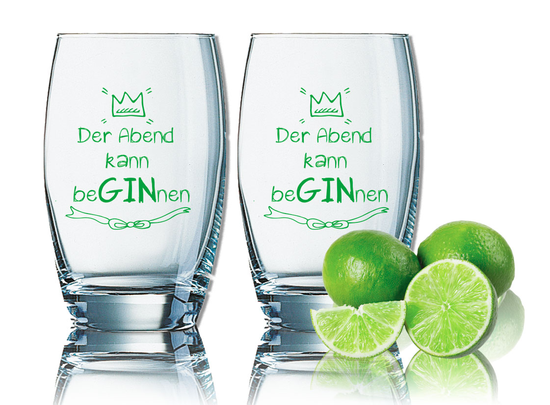 2er Sparset Gin Tonic Gläser mit Spruch Der Abend kann beGINnen - lustige Gin-Gläser 35cl bedruckt - Geburtstagsgeschenk von PorcelainSite GmbH