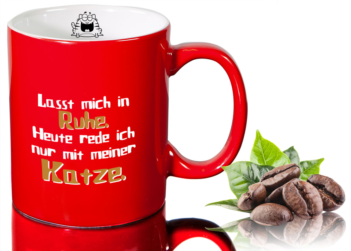 Lustige Kaffeetasse Bürotasse Tasse rot-weiss mit Spruch  - Lasst mich in Ruhe - heute rede ich nur mit meiner Katze von PorcelainSite GmbH