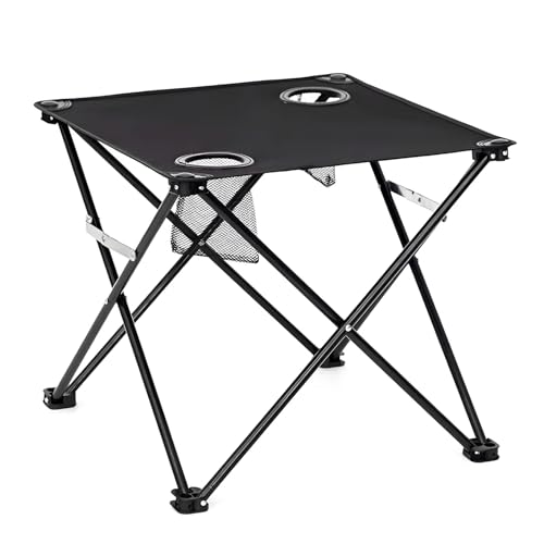 Porceosy Tragbarer, faltbarer Campingtisch mit 2 Getränkehaltern – strapazierfähiges, wasserdichtes Oxford-Gewebe, kompaktes zusammenklappbares Design für Picknick, Strand, Wandern, Schwarz von Porceosy