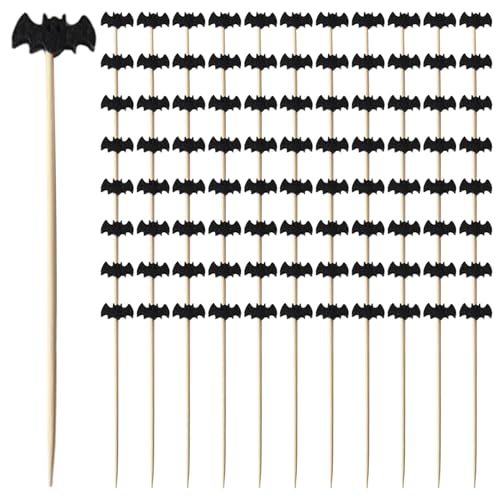 100pcs Fruchtstöcke Einweg Bambus Cocktailstangen süße Halloween Dekorationen für Cocktail Party Obst Fledermaus von Porgeel