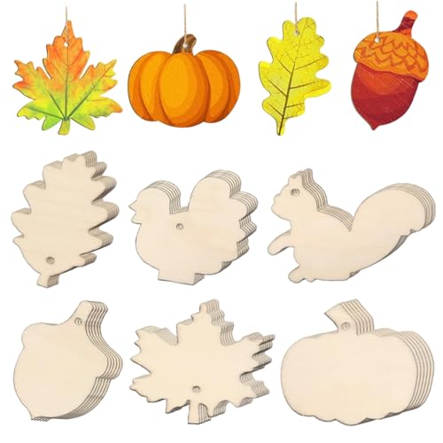 36pcs Thanksgiving -Ausschnitte mit Seil, 6 Styles Holzhandwerk zum Malen von DIY leere unvollendete Holzausschnitte Ornament zum Aufhängen von Porgeel