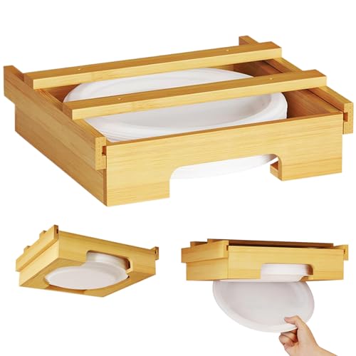Pappteller Spender für 25,4 cm (10 Zoll), Teller unter dem Schrank, Bambus Papptellerhalter, mit Schrauben und selbstklebendem vertikalen Pappteller Organizer für Ordnung auf der Küchenarbeitsplatte von Porgeel