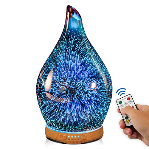 Porseme 280ML Aroma Diffuser Glas mit Fernbedienung,Handgeblasen 3D Feuerwerk Ultraschall Luftbefeuchter Leise,7 Farbe LED Licht,Automatisch Power-Off,Timer-Funktion,Humidifier für Wohnung und Yoga von Porseme