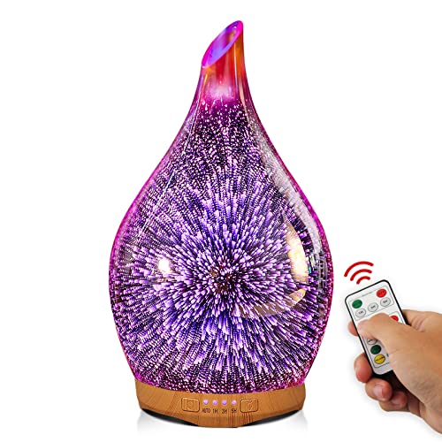 Porseme 280ML Aroma Diffusor Glas mit Fernbedienung,Handgeblasen 3D Feuerwerk Ultraschall Luftbefeuchter, Cool Mist, 7 Farbe Licht,Automatisch Power-Off, Leise für Wohnung raumbefeuchter und Yoga von Porseme