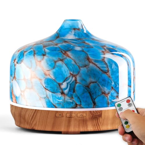 Porseme 500ml Aroma Diffuser Glas mit Fernbedienung Handgeblasen Feuerwerk Ultraschall Luftbefeuchter Leise 7 Farbe LED Licht Automatisch Power-Off Timer Humidifier für Wohnung (Light Blue) von Porseme