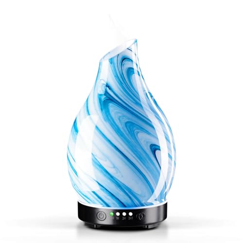 Porseme Aroma Diffuser 150ml,Handgeblasen Glas Diffuser für Ätherische Öle, Luftbefeuchter mit Timer Ultraschall Cool Mist Leise,7 Arten LED Lichtfarben,Wasserlos Auto-Off Defuser für Heim (Blue Ink) von Porseme