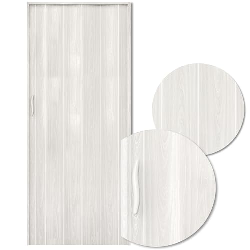 Portango Falttür Weiss Holzoptik aus PVC Kunststoff für Innen & Außen Komplettset I faltbare Schiebetür kratzfest und pflegeleicht mit Holz Motiv I anpassbare Breite der Falttüren I Modell PT-4 Twist von Portango