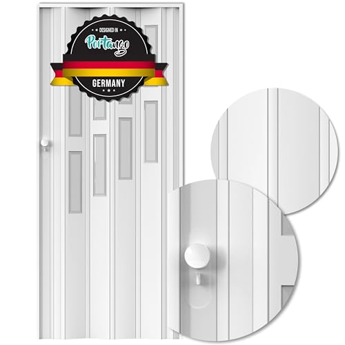 Portango Falttür weiß aus Kunststoff I Innen & Außen Komplettset I faltbare Schiebetür kratzfest und pflegeleicht mit Fenster I anpassbare Breite der Falttüren I Modell PT-14 Mambo (Weiß) von Portango