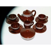 Keramik Tee-Set/Krug Mit Deckel/Cups-Saucen/Zuckerschale Deckel/Milchkrug/Vintage Glasiert 11Pcs von PorteDuSoleil