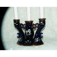 Royal Porzellan Handarbeit/Porzellan Kandelaber/3 Taper Kerzenhalter/Vintage Unikat Vergoldet Und Blau - Indigo Halter von PorteDuSoleil