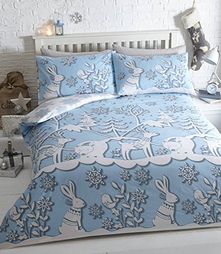 Weihnachtliches Bettwäsche-Set - Baumwoll-Polyester-Mischung - UK-Doppelbett - Schneeweiße Berge - Blau von Portfolio Home