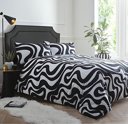 Portfolio Home Retro Waves Black Double Duvet Cover Set Bedding Bed Linen von Portfolio Home