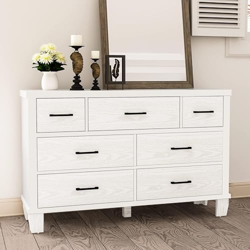 Kommode mit 7 Schubladen - Sideboard Schubladenschrank mit Viel Stauraum - Aufbewahrungsschrank Nahtlose Lackbeschichtung - Anti-Flip-Design für Schlafzimmer, Wohnzimmer - 130 x 40 x 83cm - Weiß von PortoAlegre