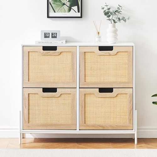 MC Schuhschrank 4 Türen Aus Natur-Rattan – Platzsparendes Schuhregal Mit 4 Großen Schubladen, Verstellbaren Fächern, Robustem Holz & Metall, Stilvoll Für Flur, Schlafzimmer & Wohnzimmer von PortoAlegre