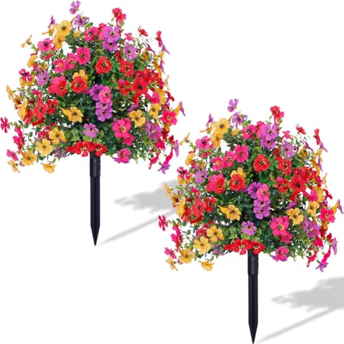 PortoAlegre 2er-Set Künstliche Pflanzen mit Erdspieß, 60cm Künstliche Blumen wie Echt UV-beständig künstliche Grünsträucher mit Erdspieß Kunstpflanzen für Haustür, Garten, Hof Dekoration,bunt von PortoAlegre