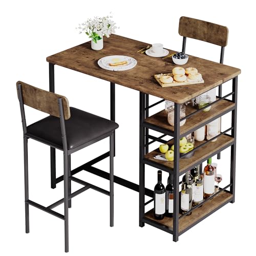 PortoAlegre Bartisch mit Barhocker Set, Esstisch Set für 2 Personen mit 2 Gepolsterten Barstühlen, 3 Ablageflächen Tresentisch Essgruppen für Kleine Räume,Esszimmer, Küche,Braun von PortoAlegre