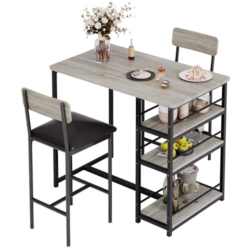 PortoAlegre Esstisch,Esstisch mit 2stühlen 3 stöckigem Stahlregal Küchenbar mit Stauraum Tisch küche 91.5 x 50 x 91.5 cm 136 kg Tragfähigkeit (Grau) von PortoAlegre