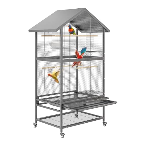 PortoAlegre Große Vogelkäfig, Papageienkäfig in Metalldachform mit 4 Arretierbaren Leisen Rollen, Abnehmbarem Tablett und Futtertrögen, Leicht zu Reinigendem Metall Außenvoliere Vögel,80x60x167cm von PortoAlegre