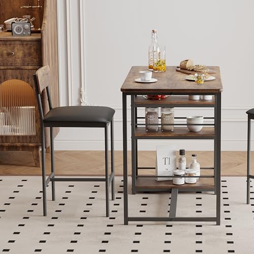 PortoAlegre Hochbartisch-Set 3-Teilig 1 Tisch + 2 Gepolsterte Stühle – Kompaktes Küchentisch-Set Mit 3 Ablagefächern, Platzsparend, Metall & MDF, Ideal Für Küche, Bar, Frühstücksecke, Grau von PortoAlegre