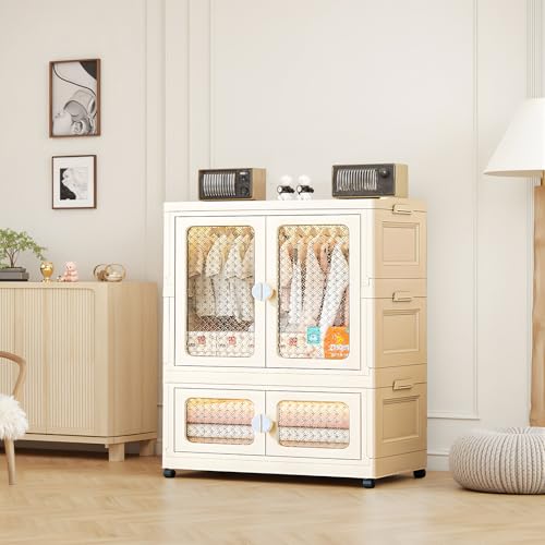 PortoAlegre Tragbarer Kleiderschrank Mit Doppeltüren Mobile Aufbewahrungsbox Mit Rollen Und Aufhängestangen, Faltbarer Mehrzweckschrank Mit Magnetische Türen Für Schlafzimmer Wohnzimmer, 75x38x103Cm von PortoAlegre