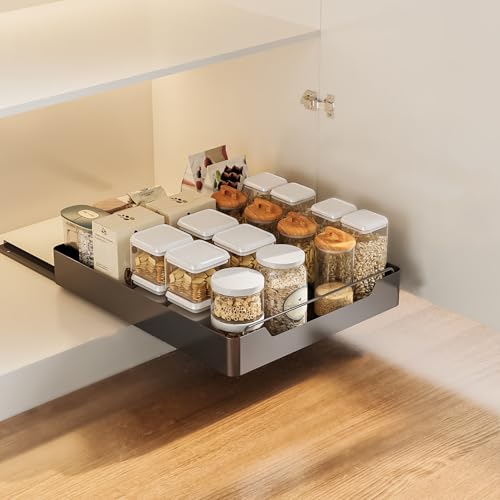Teleskopschublade, Ausziehbare Schubladen Küchenschrank Organizer Küche, Aufbewahrungsregale Für Küchenschränke Mit Klebefolie, Schrankauszug (40Cm B x 43Cm T x 7Cm H), Kein Bohren Und Nageln, Schwarz von PortoAlegre