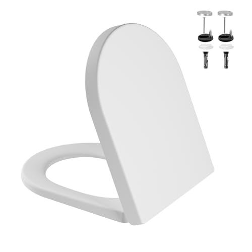 Toilettendeckel mit Absenkautomatik D-Form Weiß[KURZ], Antibakterieller & UV-beständig WC Sitz, Abnehmbar klodeckel, Quick-Release zur einfachen Reinigung, Urea-Duroplast, Belastbarkeit von 150kg von PortoAlegre