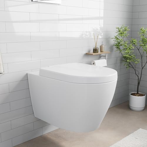 WC Hängend Toilette, Wand-WC Set aus Keramik mit Toilettendeckel (Abnehmbar, Absenkautomatik), Effiziente 360° Spültechnik, D-Form (Lang 55.5 cm), Weiß – Moderne Hänge-WC von PortoAlegre