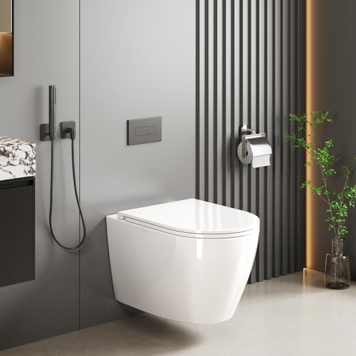 WC Hängend Toilette, Wand-WC Set aus Keramik mit Toilettendeckel (Abnehmbar, Absenkautomatik), Effiziente 360° Spültechnik, D-Form (Lang 55.5 cm), Weiß – Moderne Hänge-WC von PortoAlegre
