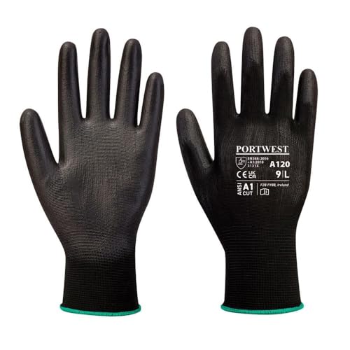 12 Paar Arbeitshandschuhe PU-Montagehandschuhe Mechanikerhandschuhe Nylon Portwest schwarz, weiß, grau - Größe 7 8 9 10 11 (11/XXL, Schwarz) von Portwest