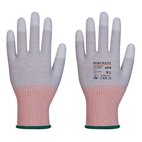 Portwest A696 - LR13 ESD PU Fingerspitzen-Schnitthandschuh - Grau/Weiß - XL (12 Paar) von Portwest