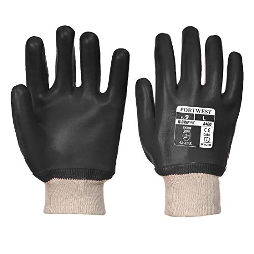 Portwest PVC-Handschuh Mit Strickbund, Größe: M, Farbe: Schwarz, A400BKRM von Portwest