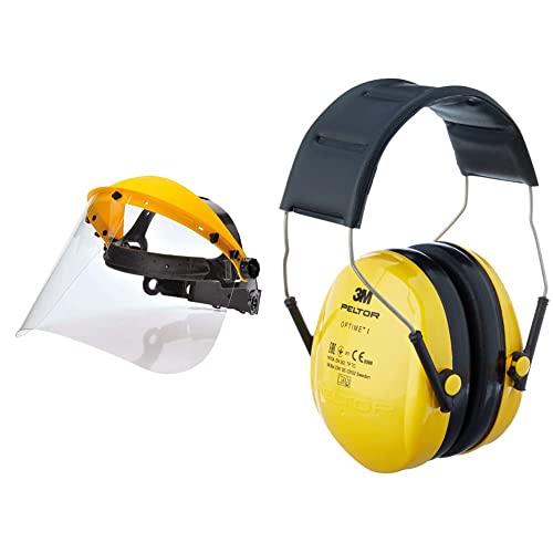 Portwest PW91CLT Gesichtsschutz mit durchsichtigem Schutzschirm & 3M Peltor Optime I Ohrenschützer H510A, leichter Gehörschutz mit weichen Kissen, gelb, 25 von Portwest