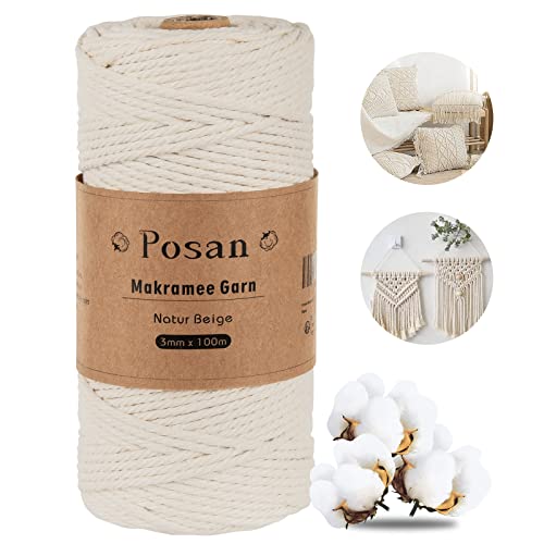 Posan Makramee Garn 3mm x 100m, Natur beige Baumwollgarn ohne Chemie, Macrame Cord für DIY Handwerk Basteln Wandbehang Blumenampel Pflanze Aufhänger Stricken von Posan