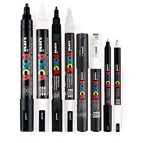 POSCA Stifteset, schwarz und weiß, dünne bis mitteldicke Spitze, 8 Stifte (PC-5M, PC-3M, PC-1M, PC-1MR) von POSCA