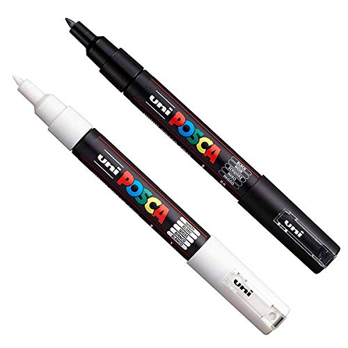 Posca PC-1M Markerstift, für Glas, Stoff, Metall, 2-teiliges Set, Schwarz/Weiß von POSCA